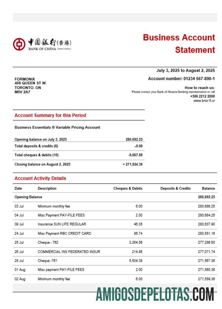 Em branco Modelo Word e PDF de extrato de conta corrente da empresa do Banco da China